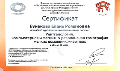 2016 г. Сертификат о прохождении курса повышения квалификации по теме: Рентгенология, компьютерная и магнитно-резонансная томография мелких домашних животных, Школа постдипломного образования им. В.Н. Митина