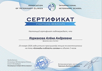 2026 г. Сертификат участника вебинара на тему «Блокады в области головы», Ассоциация ветеринарных клиник Санкт-Петербурга