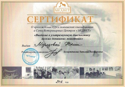2016 г. Сертификат о прохождении курса повышения квалификации «Введение в ультразвуковую диагностику мелких домашних животных», ВЦ «МедВет»