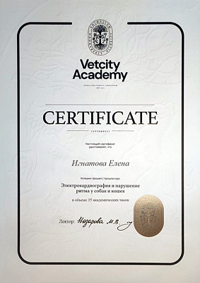 2024 г. Сертификат о прохождении курса «Электрокардиография и нарушение ритма у собак и кошек», Vetcity Academy