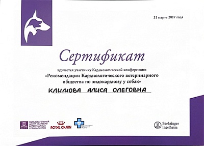 2017 г. Сертификат участника Кардиологической конференции «Рекомендации Кардиологического ветеринарного общества по эндокардиозу у собак», Образовательный центр коллегии ветеринарных специалистов