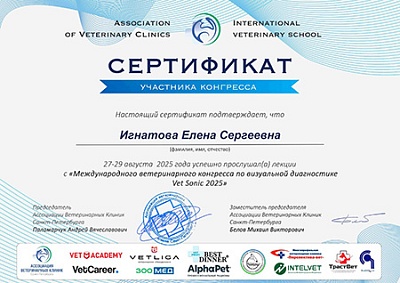 2025 г. Сертификат слушателя лекций с «Международного ветеринарного конгресса по визуальной диагностике Vet Sonic 2025», Ассоциация ветеринарных клиник Санкт-Петербурга