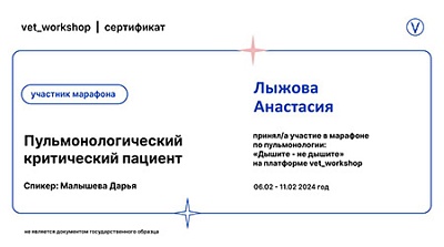 2024 г. Сертификат участника марафона по пульмонологии «Дишите - не дышите»: «Пульмонологический критический пациент», vet_workshop