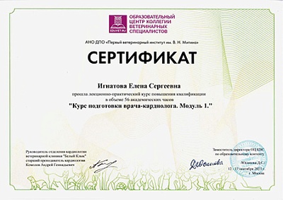 2023 г. Сертификат о прохождении лекционно-практического курса повышения квалификации: «Курс подготовки врача-кардиолога. Модуль 1.», АНО ДПО «Первый ветеринарный институт им. В.Н.Митина»