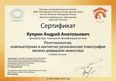2016 г. Прошёл курс повышения квалификации по программе «Рентгенология, компьютерная и магнито-резонансная томография мелких домашних животных» «ФГБУ Российский онкологический научный центр им Н.Н.Блохина Минздрава России»