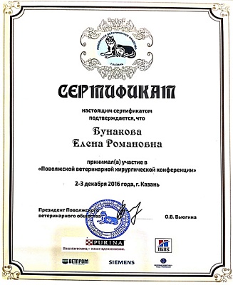 2016 г. Сертификат участника Поволжской ветеринарной хирургической конференции 2016, Поволжское ветеринарное общество