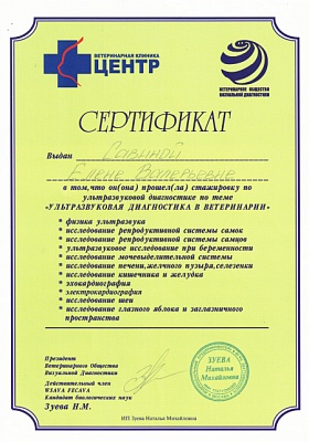 Сертификат о прохождении стажировки по ультразвуковой диагностике по теме «Ультразвуковая диагностика в ветеринарии», Ветеринарное общество визуальной диагностики