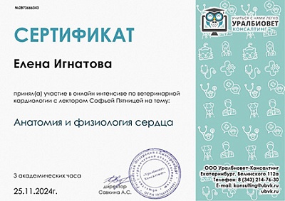 2024 г. Сертификат участника онлайн-интенсива по ветеринарной кардиологии «Анатомия и физиология сердца», УралБиоВет Консалтинг