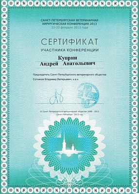 2013 г. Сертификат участника «Санкт-Петербургской ветеринарной хирургической конференции»