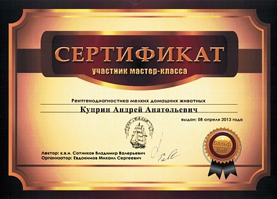 2013 г. Сертификат участника мастер-класса « Рентгенодиагностика мелких домашних животных» « Бальф» Санкт-Петербург
