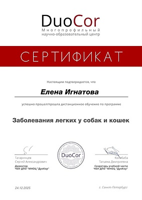 2025 г. Сертификат о прохождении дистанционного обучения по программе «Заболевания лёгких у собак и кошек», Duocor