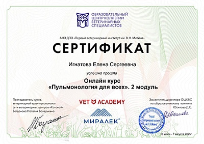 2025 г. Сертификат о прохождении онлайн-курса «Пульмонология для всех». 2 модуль, АНО ДПО «Первый ветеринарный институт им В.Н. Митина»