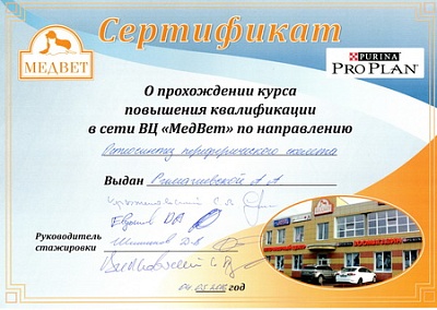 2016 г. Сертифика о прохождении курса повышения квалификации по направлению «Остеосинтез переферического скелета», МедВет