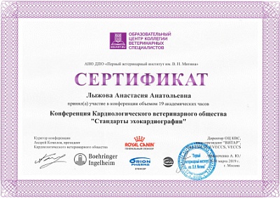 2019 г. Сертификат участника конференции Кардиологического ветеринарного сообщества «Стандарты эхокардиографии», АНО ДПО «Первый ветеринарный институт им. В.Н. Митина»