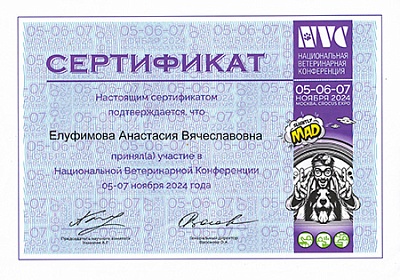 2024 г. Сертификат участника IX Симпозиума ветеринарных онкологов, Симпозиум ветеринарных онкологов 2024