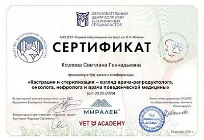 2025 г. Сертификат о просмотре записи конференции «Кастрация и стерилизация - взгляд врача репродуктолога, онколога, нефролога и врача поведенческой медицины», АНО ДПО «Первый ветеринарный институт им. В.Н.Митина»