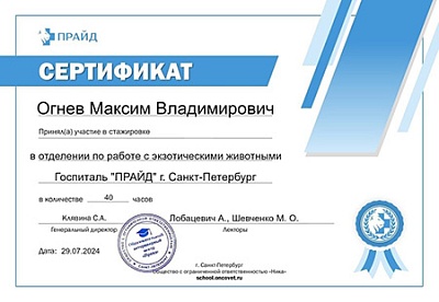 2024 г. Сертификат участника стажировки в отделении по работе с экзотическими животными, Госпиталь Прайд