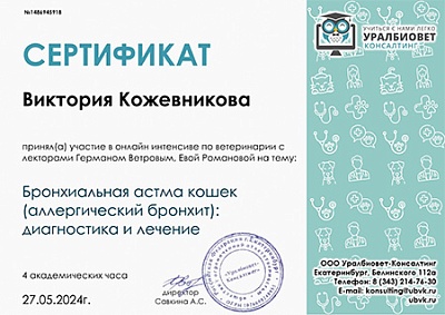 2024 г. Сертификат участника онлайн интенсива по ветеринарии на тему: «Бронхиальная астма кошек (аллергический бронхит) диагностика и лечение», УралБиоВет Консалтинг