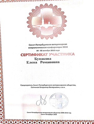 2016 г. Сертификат участника Санкт-Петербургской ветеринарной неврологической конференции 2016, Санкт-Петербургское ветеринарное общество