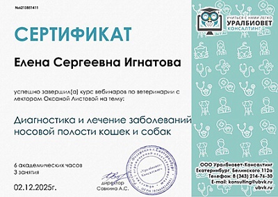 2025 г. Сертификат участника онлайн-интенсива по ветеринарии на тему: «Диагностика и лечение заболеваний носовой полости кошек и собак», УралБиоВет