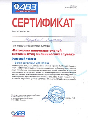 2019 г. Сертификат участника мастер-класса «Патологии пищеварительной системы птиц в клинических случаях». «АВЗ Консалтинг».