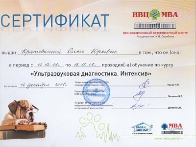 2018 г. Сертификат о прохождении обучения по курсу «Ультразвуковая диагностика. Интенсив», «ИВЦ Академии им. К.И.Скрябина»