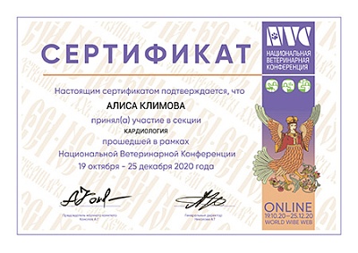 2020 г. Сертификат участника секции «Кардиология», прошедшей в рамках Национальной Ветеринарной Конференции, NVC 2020