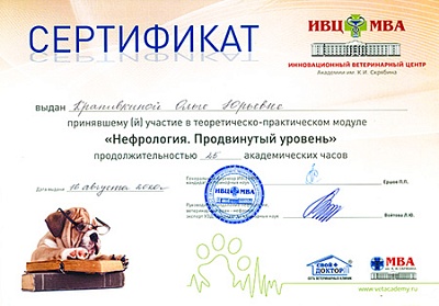 2020 г. Сертификат участника теоретическо-практического модуля «Нефрология. Продвинутый уровень», «ИВЦ Академии им. К.И.Скрябина»