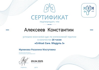 2025 г. Сертификат об окончании курса по интенсивной терапии «Critical Care. Модуль I», MRM.vet