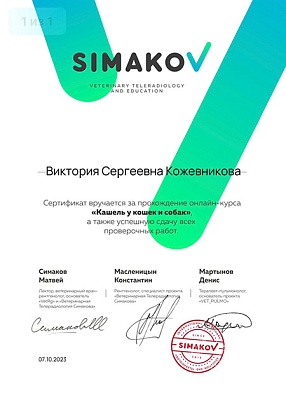 2023 г. Сертификат о прохождении онлайн-курса «Кашель у кошек и собак» и успешную сдачу всех проверочных работ, Simakov