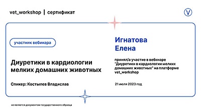 2023 г. Сертификат участника вебинара «Диуретики в кардиологии мелких домашних животных», vet_workshop