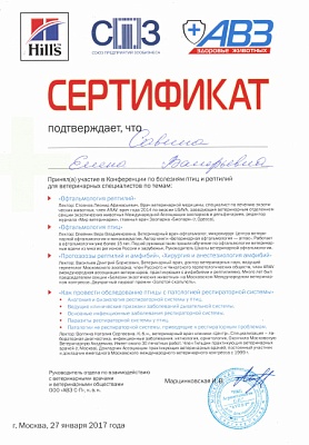 2017 г. Сертификат участника конференции по болезням птиц и рептилий для ветеринарных специалистов по темам: «Офтальмология рептилий. Офтальмология птиц. Протозоозы рептилий и амфибий. Хирургия и анестезиология амфибий. Как провести обследование птицы с п