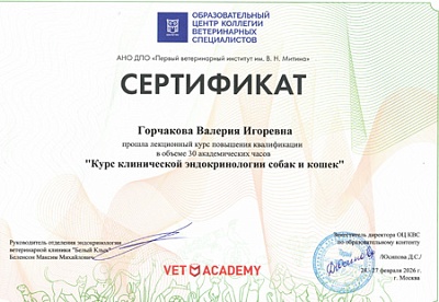 2026 г. Сертификат о прохождении лекционного курса повышения квалификации «Курс клинической эндокринологии собак и кошек», АНО ДПО «Первый ветеринарный институт им В.Н. Митина»