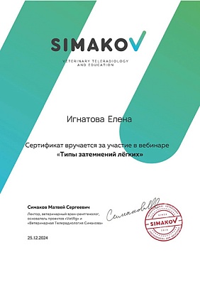 2024 г. Сертификат участника вебинара «Типы затемнений лёгких», SIMAKOV