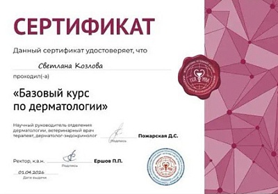 2026 г. Сертификат о прохождении курса: «Базовый курс по дерматологии», МВА