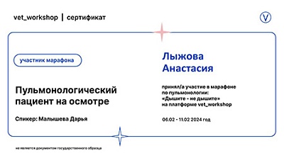 2024 г. Сертификат участника марафона по пульмонологии «Дишите - не дышите»: «Пульмонологический пациент на осмотре», vet_workshop
