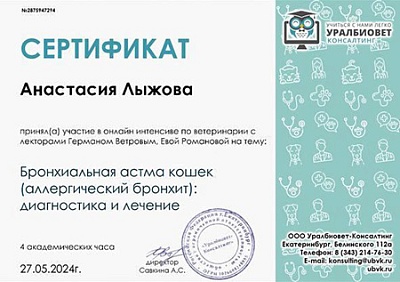 2024 г. Сертификат участника онлайн интенсива по ветеринарии на тему «Бронхиальная астма кошек (аллергический бронхит): диагностика и лечение», УралБиоВет Консалтинг