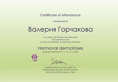 2021 г. Сертификат о прослушивании онлайн курса лекций «Гормональные дерматозы»