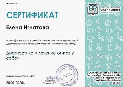 2025 г. Сертификат участника онлайн интенсива по ветеринарной дерматологии на тему «Диагностика и лечение отитов у собак», УралБиоВет консалтинг