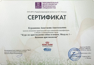 2021 г. Сертификат о прохождении лекционно-практического курса повышения квалификации «Курс по аритмологии собак и кошек. Модуль 1 - Базовая аритмология», АНО ДПО «Первый ветеринарный институт им. В.Н. Митина»