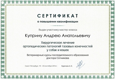 2016 г. Сертификат участника мастер-класса «Хирургическое лечение ортопедических паталогий тазовых конечностей у собак и кошек» «Курсы доктора Сотникова»