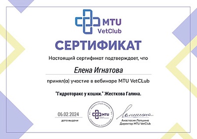 2024 г. Сертификат участника в вебинаре «Гидроторакс у кошки», MTU VetClub