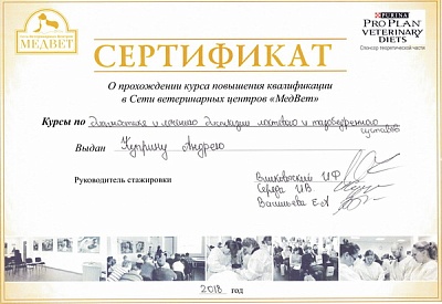 2018 г. Прошёл курс повышения квалификации по программе «Диагностика и лечение дисплазии локтевого и тазобедренного суставов» «МЕДВЕТ»